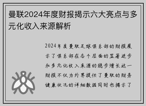曼联2024年度财报揭示六大亮点与多元化收入来源解析